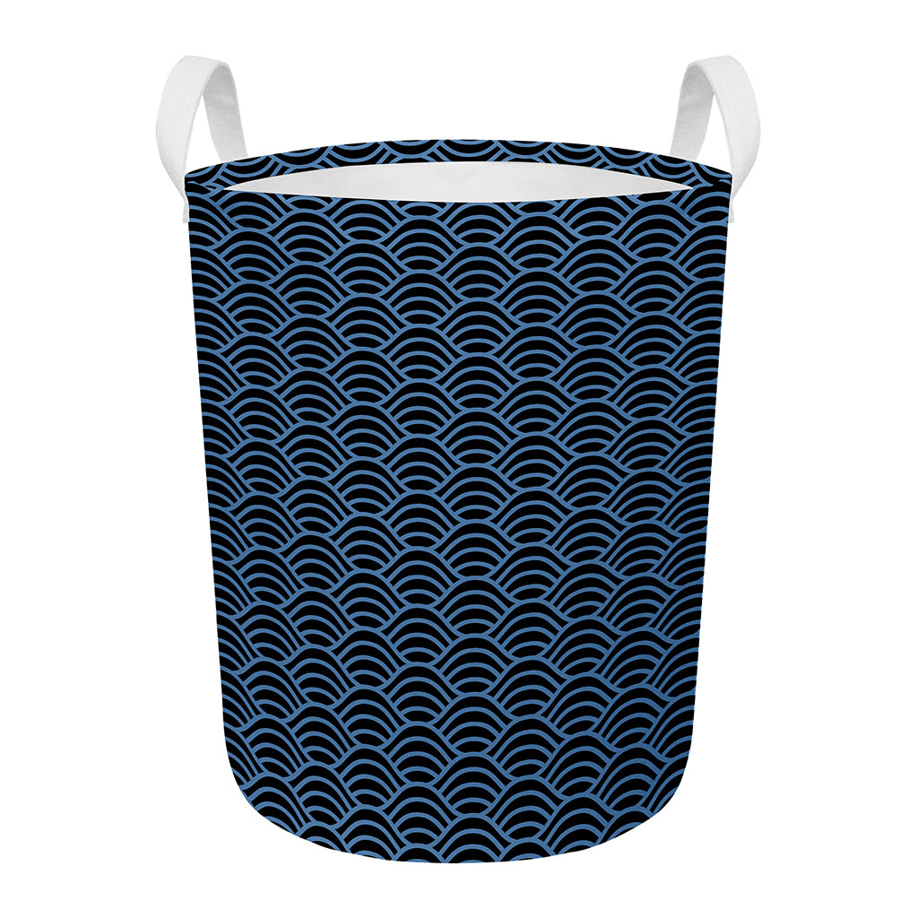 Blue And Black Japanese Pattern Print Round Laundry Basket