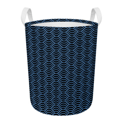 Blue And Black Japanese Pattern Print Round Laundry Basket