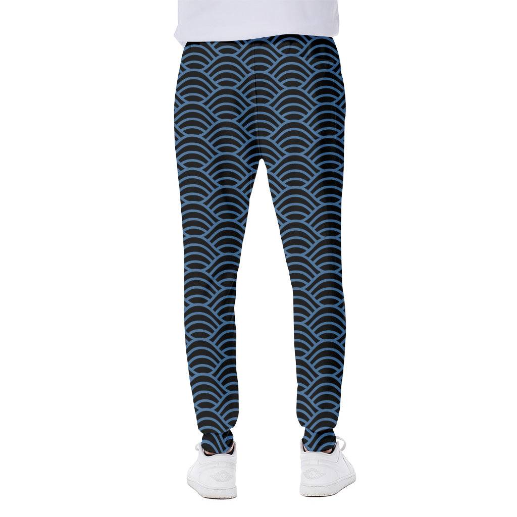 Blue And Black Japanese Pattern Print Scuba Joggers