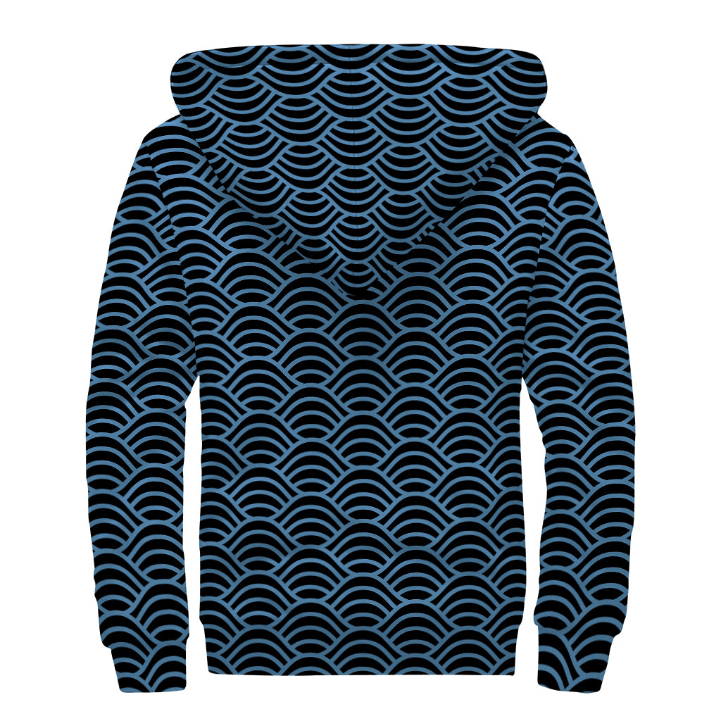 Blue And Black Japanese Pattern Print Sherpa Lined Zip Up Hoodie