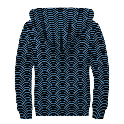 Blue And Black Japanese Pattern Print Sherpa Lined Zip Up Hoodie
