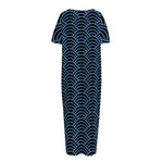 Blue And Black Japanese Pattern Print Short Sleeve Long Nightdress