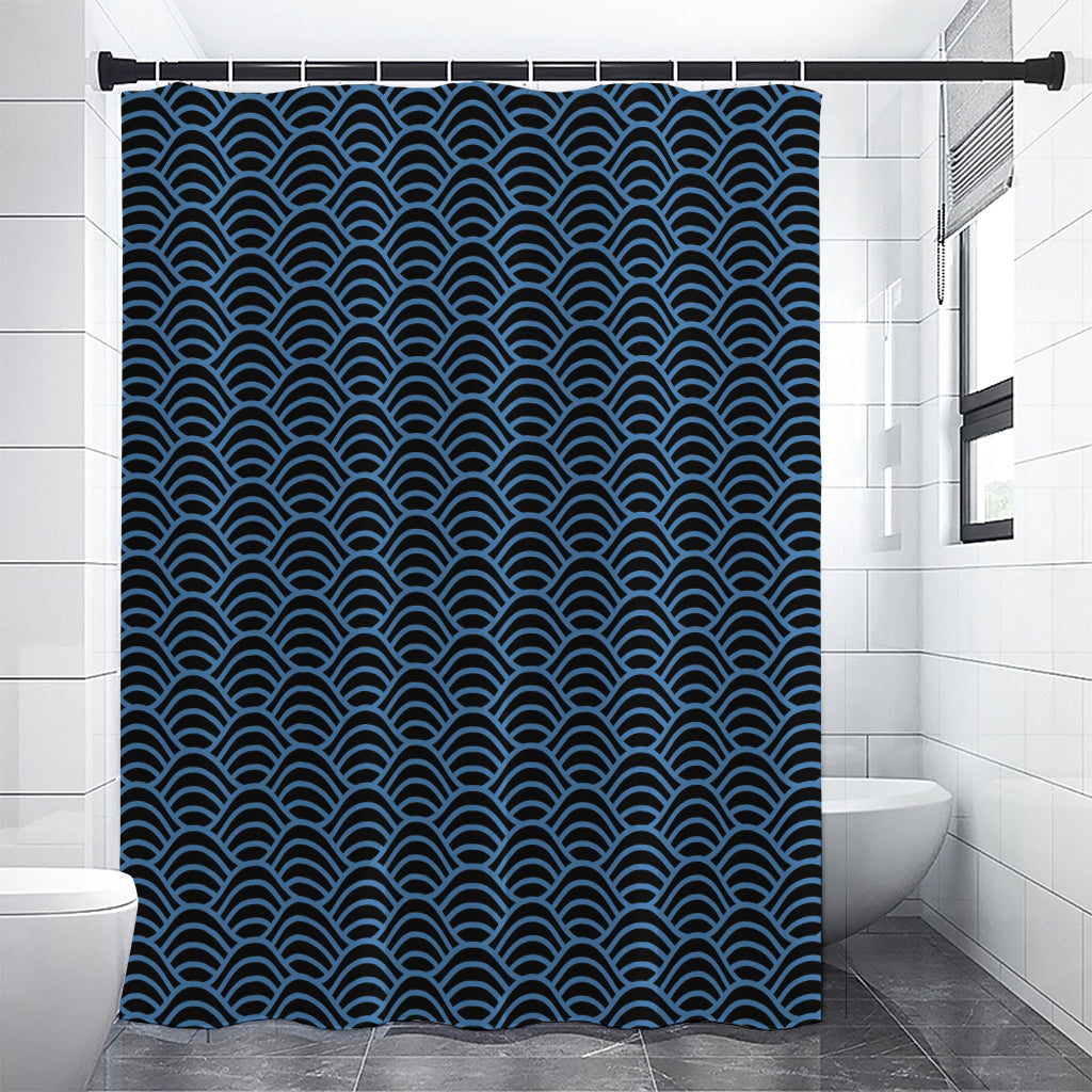 Blue And Black Japanese Pattern Print Shower Curtain