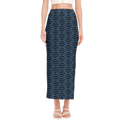 Blue And Black Japanese Pattern Print Side Slit Maxi Skirt