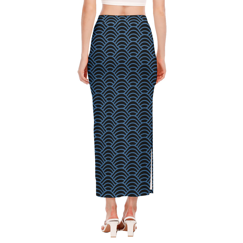 Blue And Black Japanese Pattern Print Side Slit Maxi Skirt