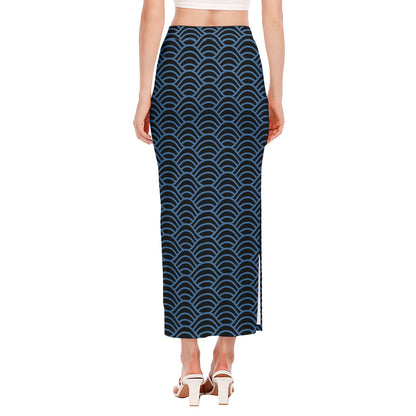 Blue And Black Japanese Pattern Print Side Slit Maxi Skirt