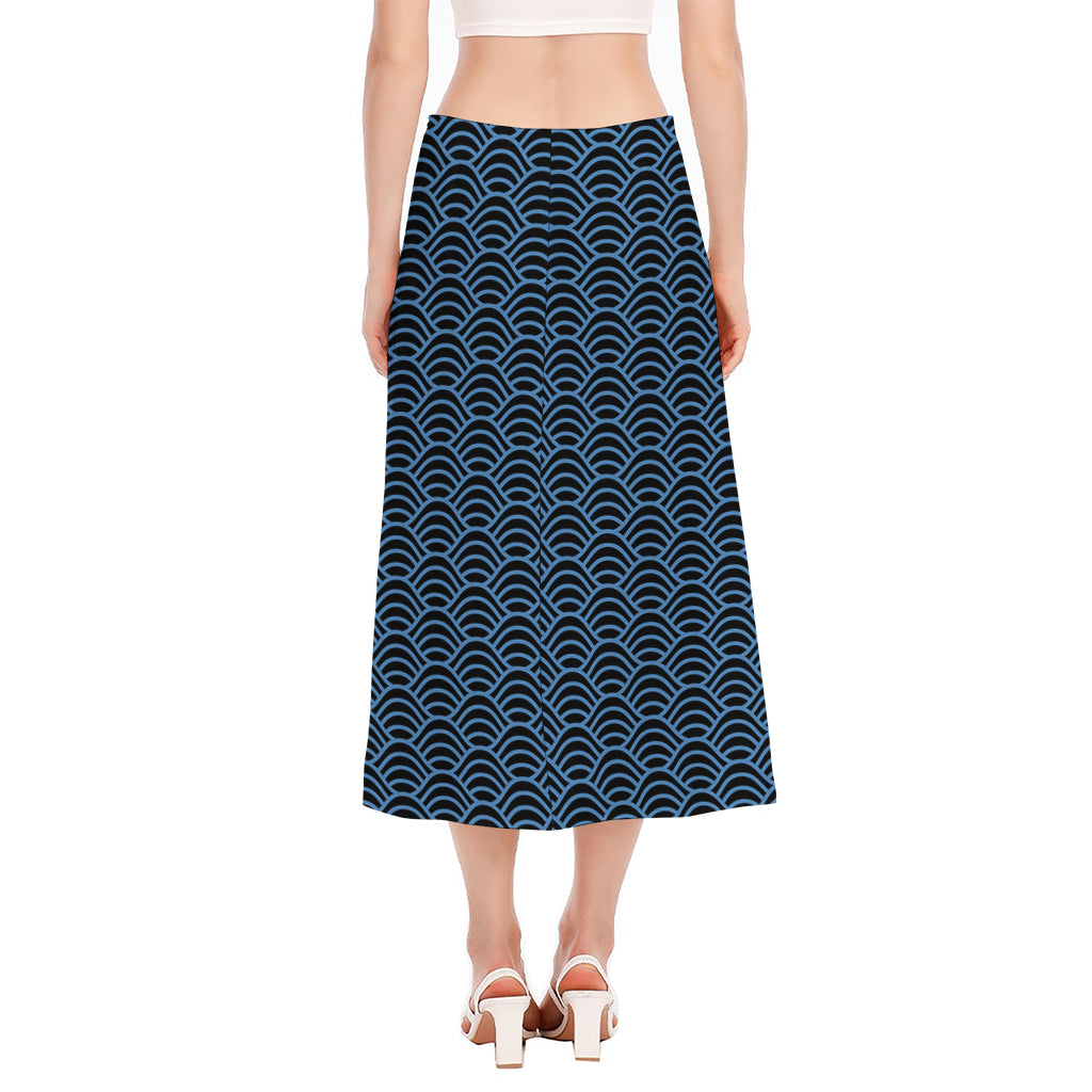 Blue And Black Japanese Pattern Print Side Slit Midi Skirt