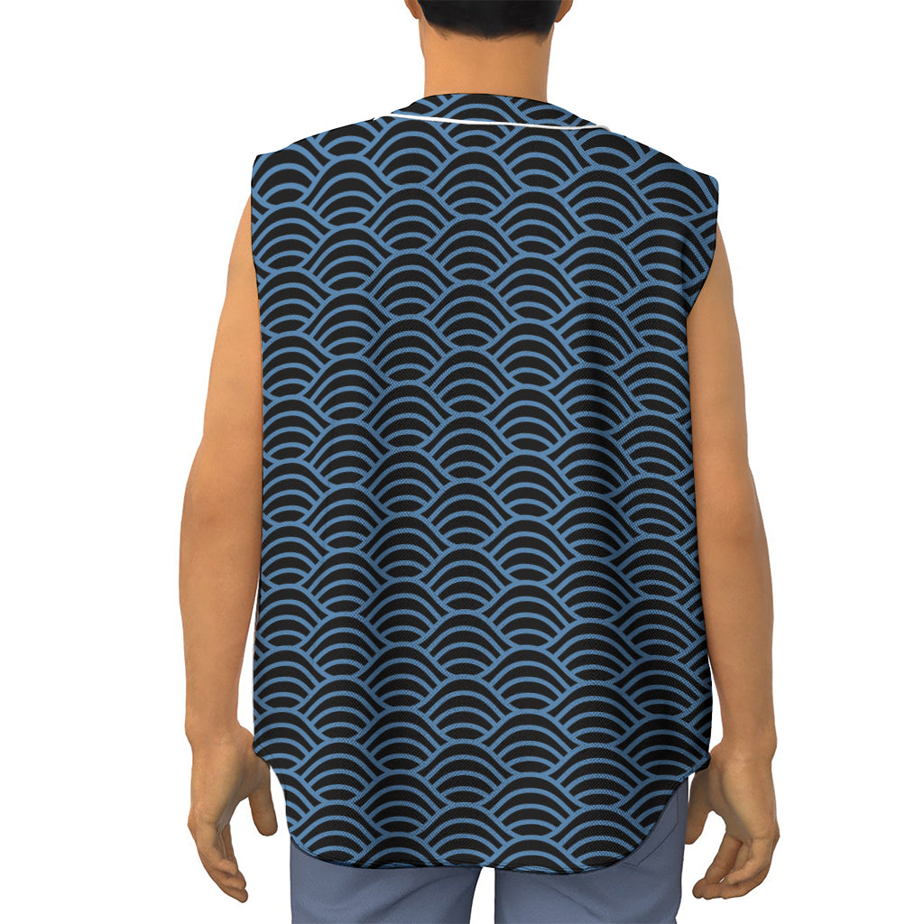 Blue And Black Japanese Pattern Print Sleeveless Baseball Jersey