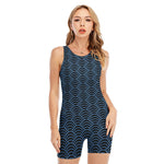 Blue And Black Japanese Pattern Print Sleeveless One Piece Swimsuit