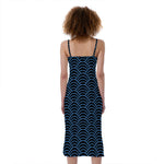Blue And Black Japanese Pattern Print Slim Fit Midi Cami Dress
