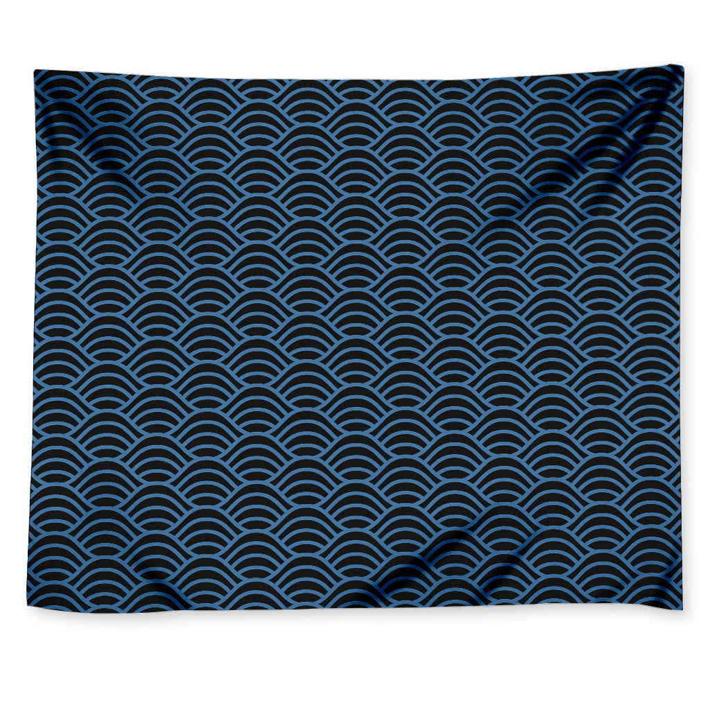 Blue And Black Japanese Pattern Print Tapestry