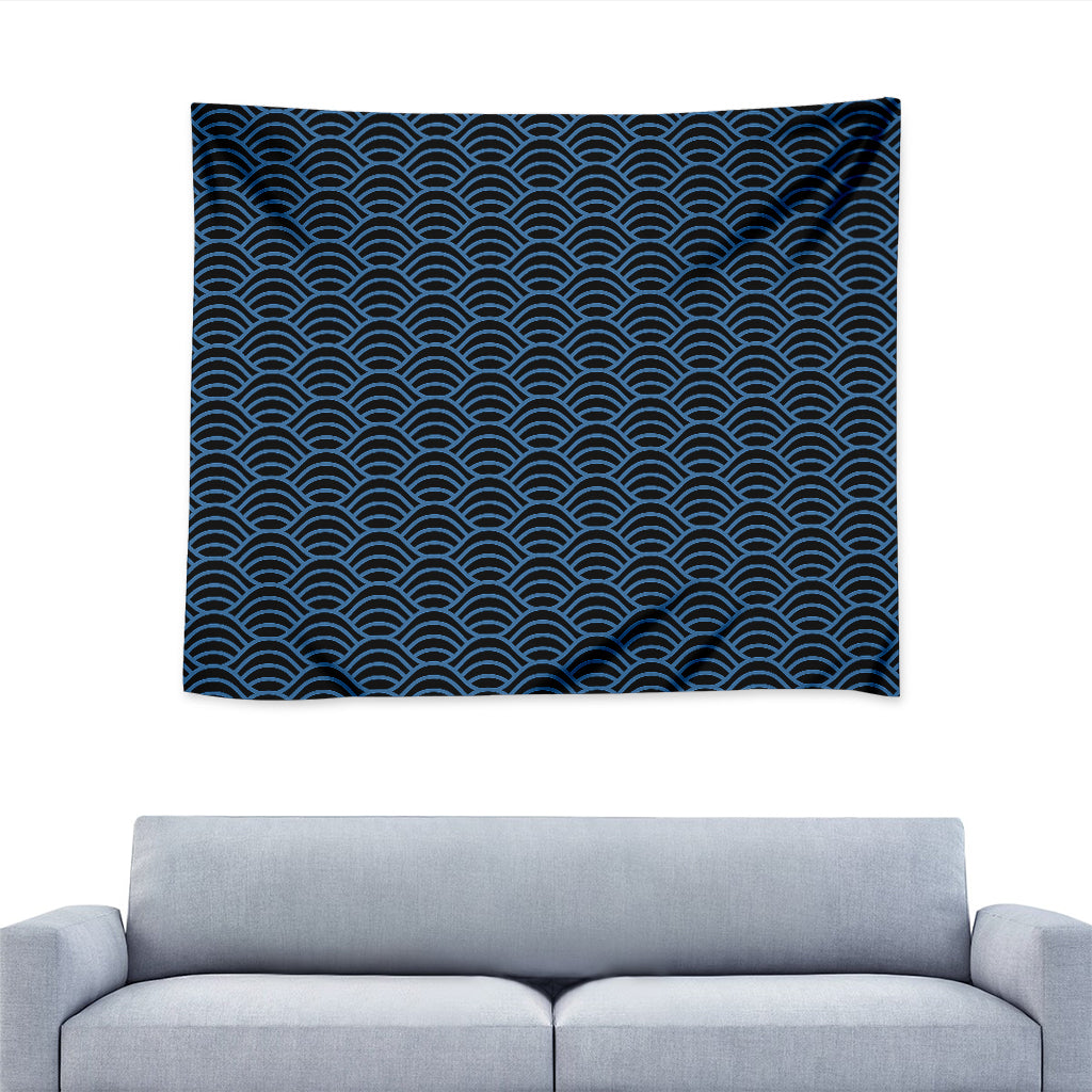 Blue And Black Japanese Pattern Print Tapestry