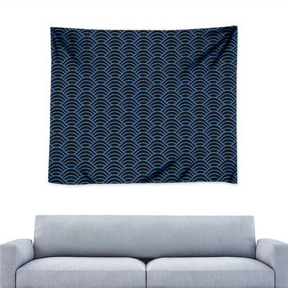 Blue And Black Japanese Pattern Print Tapestry