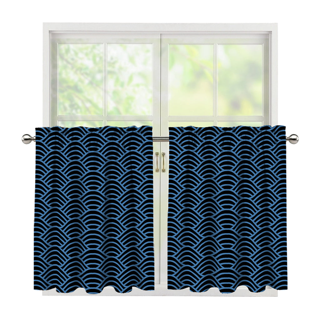 Blue And Black Japanese Pattern Print Tier Curtains