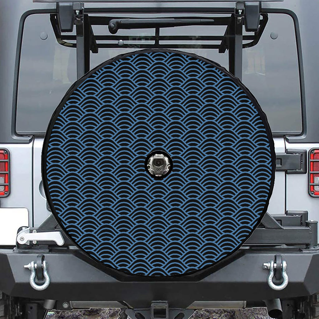 Blue And Black Japanese Pattern Print Tire Cover With Camera Hole