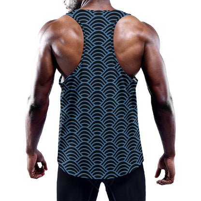 Blue And Black Japanese Pattern Print Training Tank Top