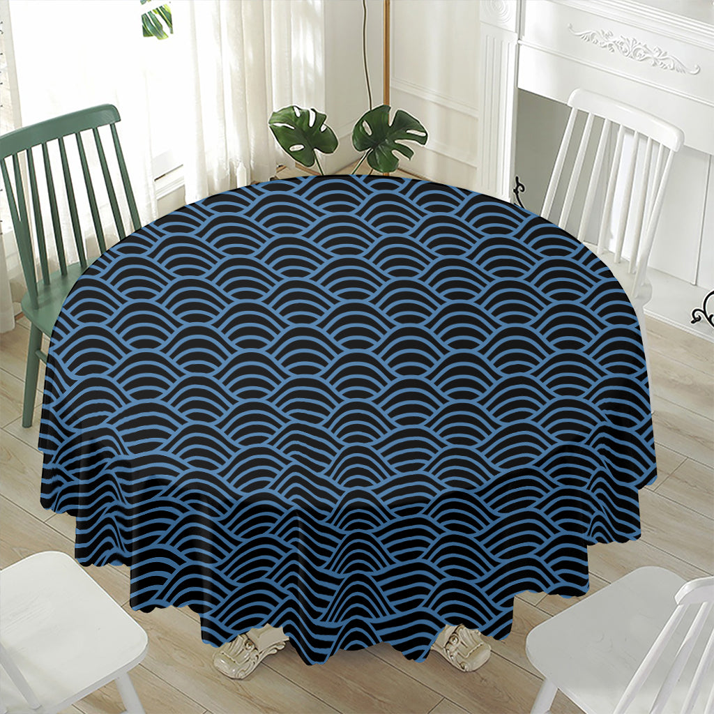 Blue And Black Japanese Pattern Print Waterproof Round Tablecloth
