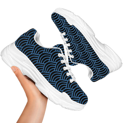 Blue And Black Japanese Pattern Print White Chunky Shoes