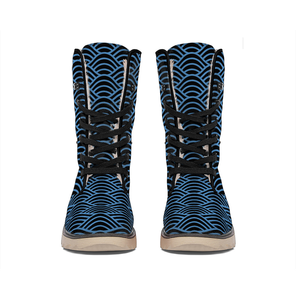 Blue And Black Japanese Pattern Print Winter Boots