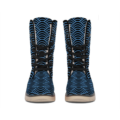Blue And Black Japanese Pattern Print Winter Boots