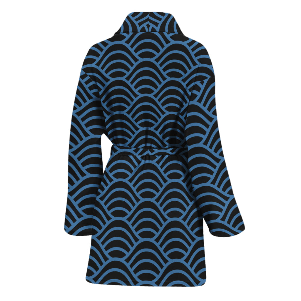 Blue And Black Japanese Pattern Print Women's Bathrobe