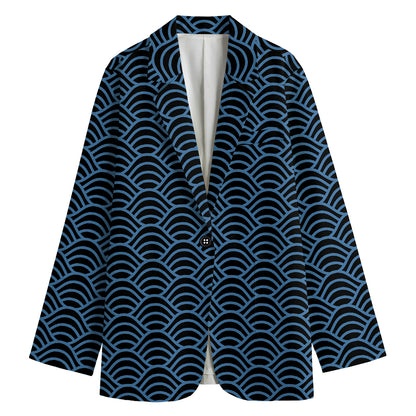 Blue And Black Japanese Pattern Print Women's Cotton Blazer