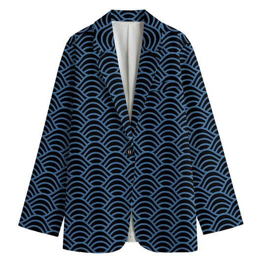 Blue And Black Japanese Pattern Print Women's Cotton Blazer