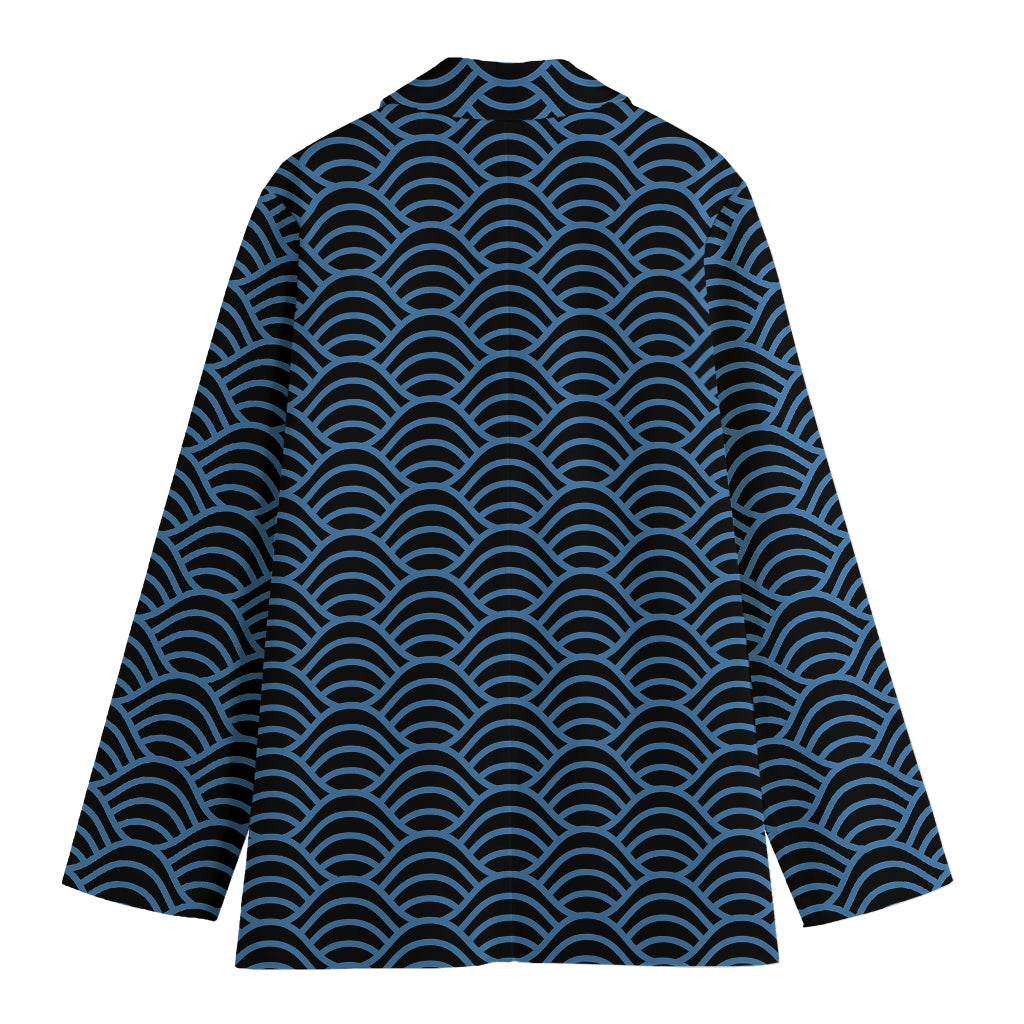 Blue And Black Japanese Pattern Print Women's Cotton Blazer