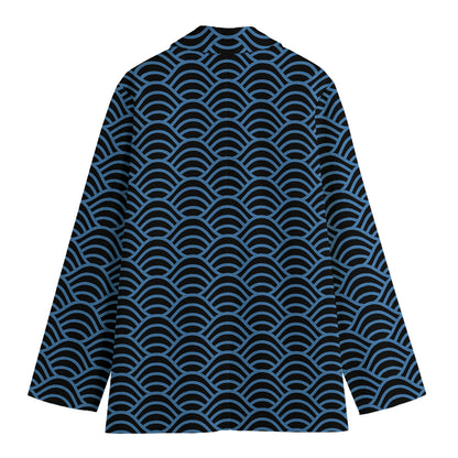 Blue And Black Japanese Pattern Print Women's Cotton Blazer