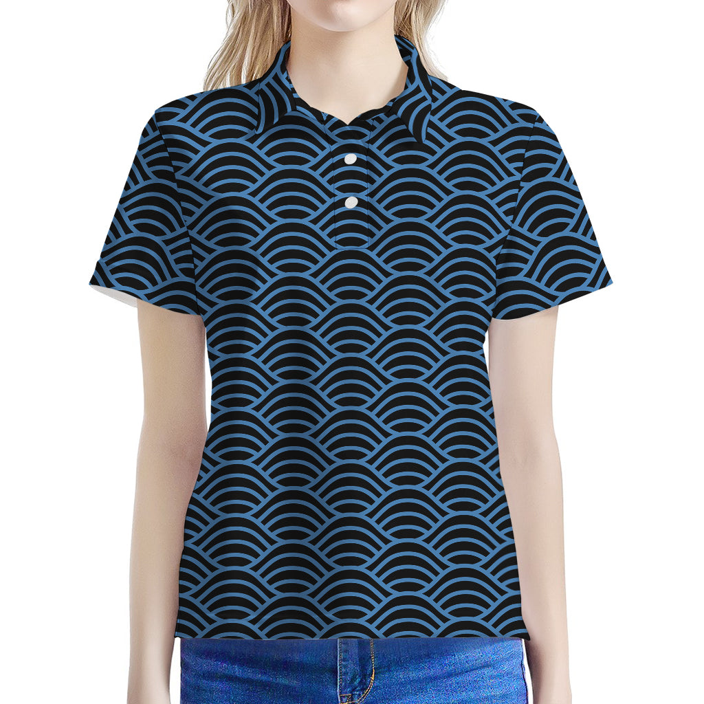 Blue And Black Japanese Pattern Print Women's Polo Shirt