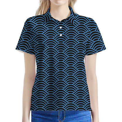 Blue And Black Japanese Pattern Print Women's Polo Shirt