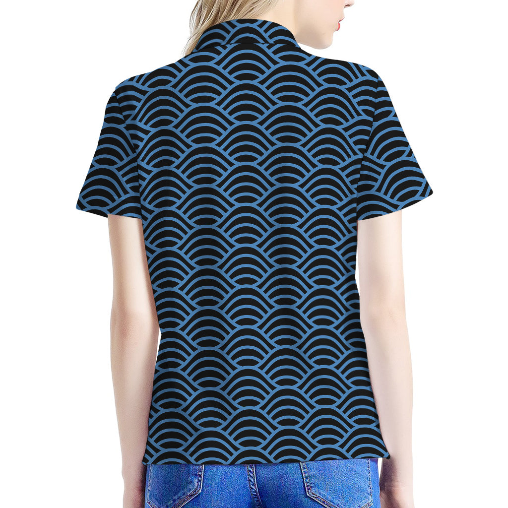 Blue And Black Japanese Pattern Print Women's Polo Shirt