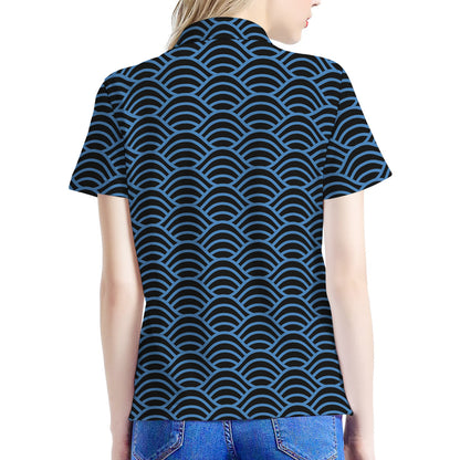 Blue And Black Japanese Pattern Print Women's Polo Shirt
