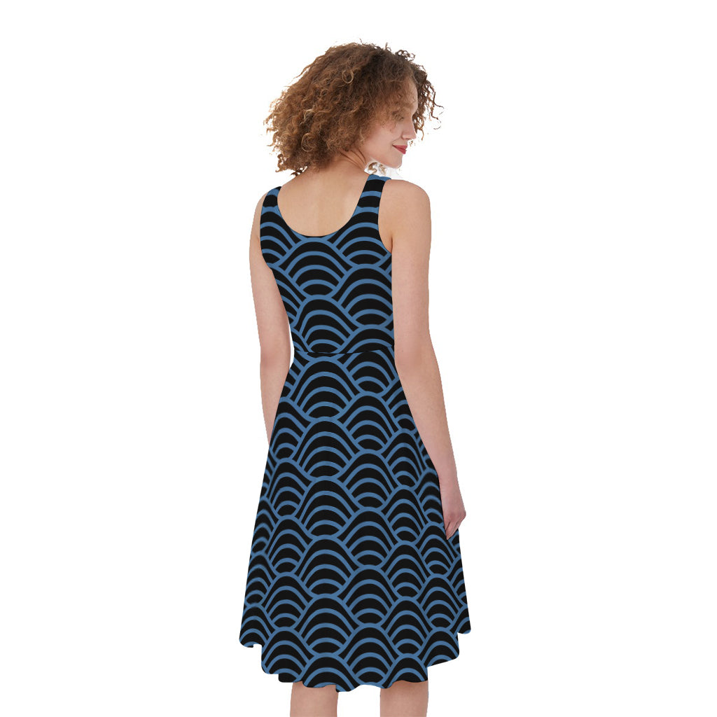Blue And Black Japanese Pattern Print Women's Sleeveless Dress