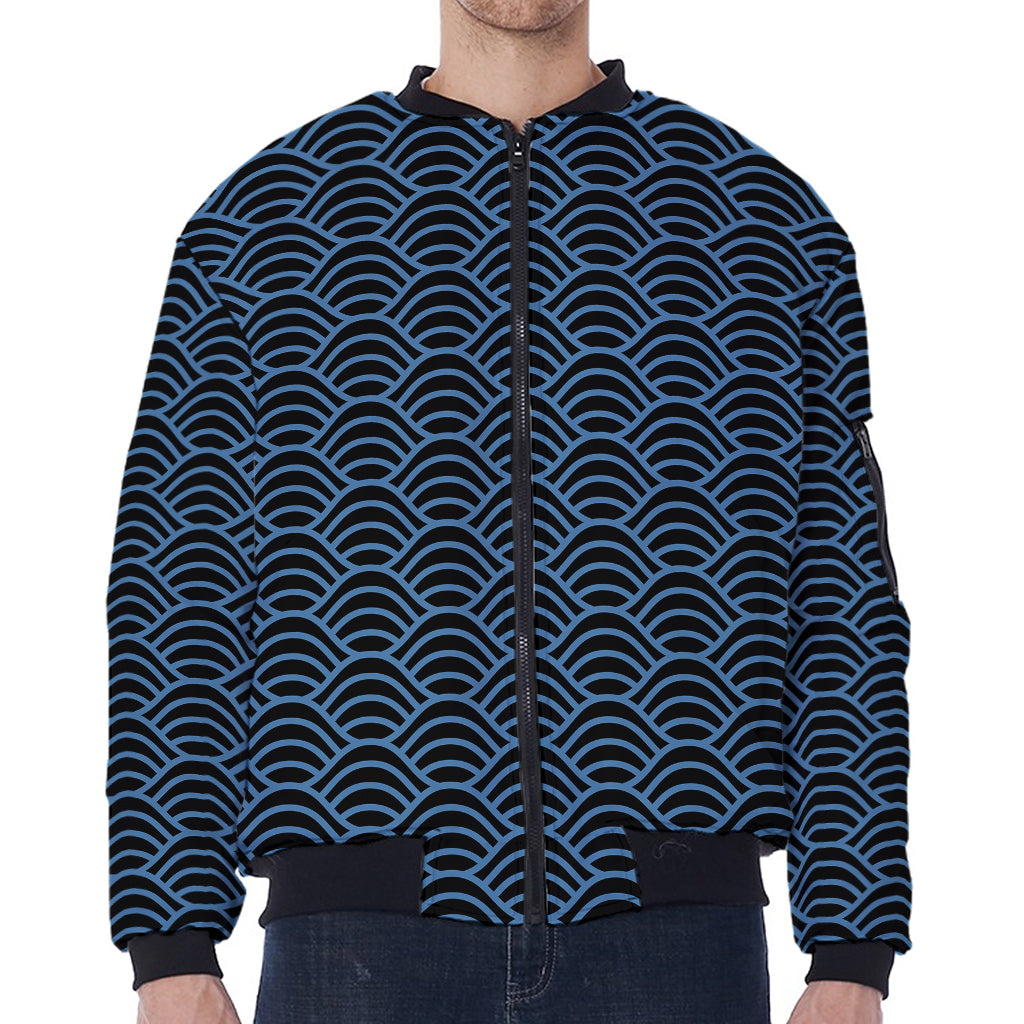 Blue And Black Japanese Pattern Print Zip Sleeve Bomber Jacket