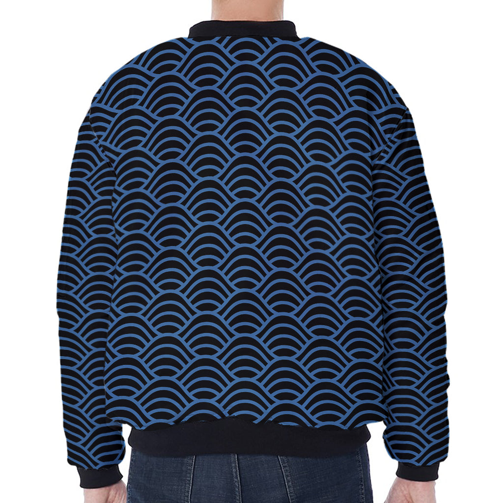 Blue And Black Japanese Pattern Print Zip Sleeve Bomber Jacket