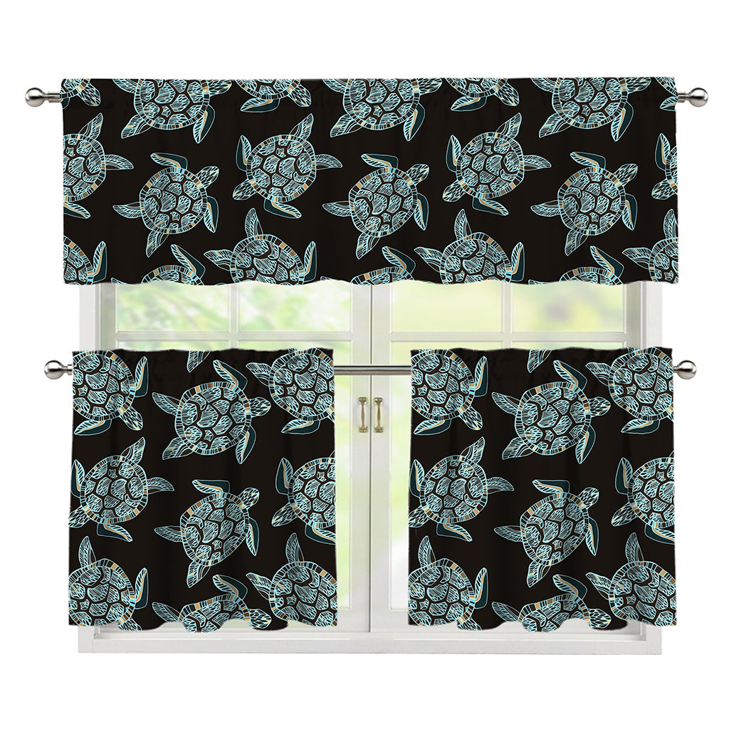 Blue And Black Sea Turtle Pattern Print 3 Piece Kitchen Curtains