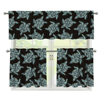 Blue And Black Sea Turtle Pattern Print 3 Piece Kitchen Curtains