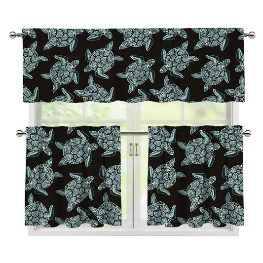 Blue And Black Sea Turtle Pattern Print 3 Piece Kitchen Curtains