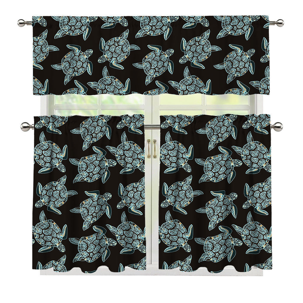 Blue And Black Sea Turtle Pattern Print 3 Piece Kitchen Curtains