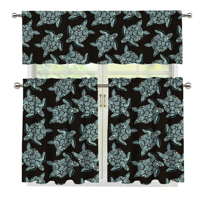 Blue And Black Sea Turtle Pattern Print 3 Piece Kitchen Curtains