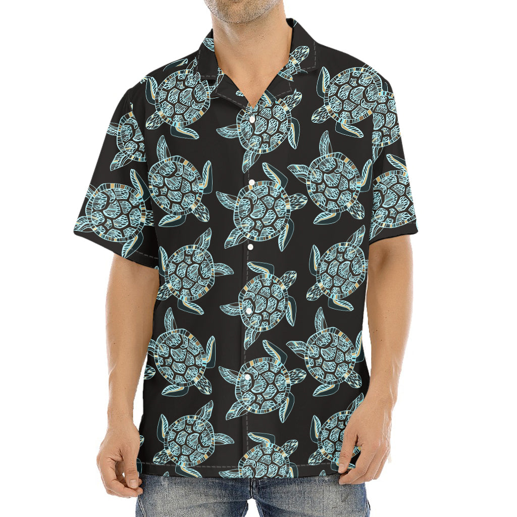 Blue And Black Sea Turtle Pattern Print Aloha Shirt