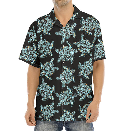 Blue And Black Sea Turtle Pattern Print Aloha Shirt