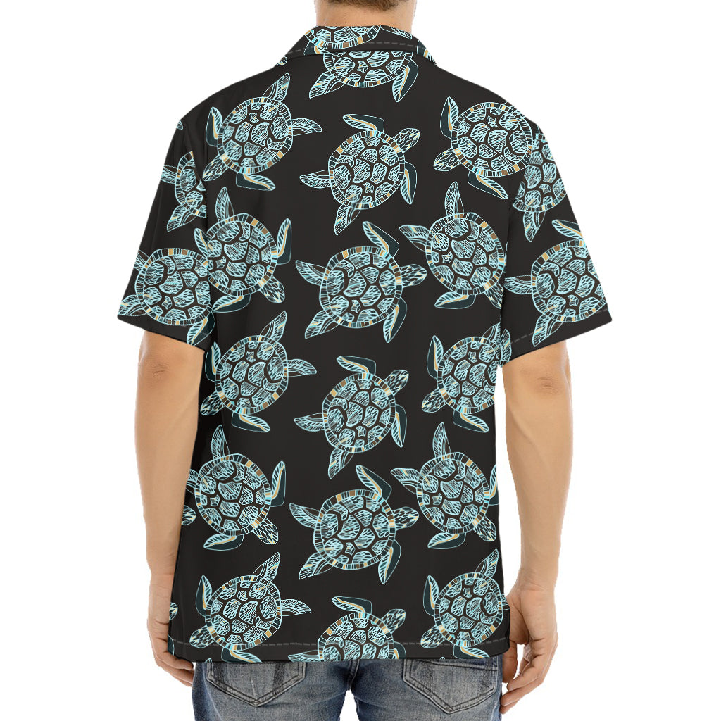 Blue And Black Sea Turtle Pattern Print Aloha Shirt