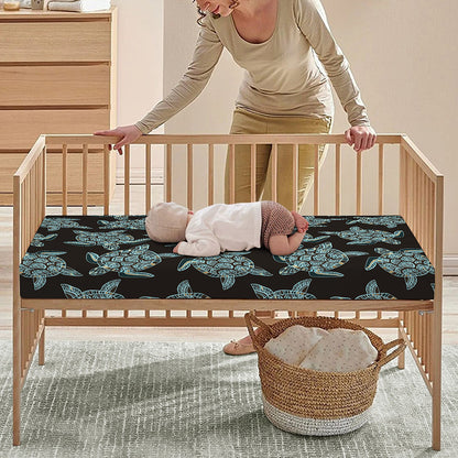 Blue And Black Sea Turtle Pattern Print Baby Crib Sheet