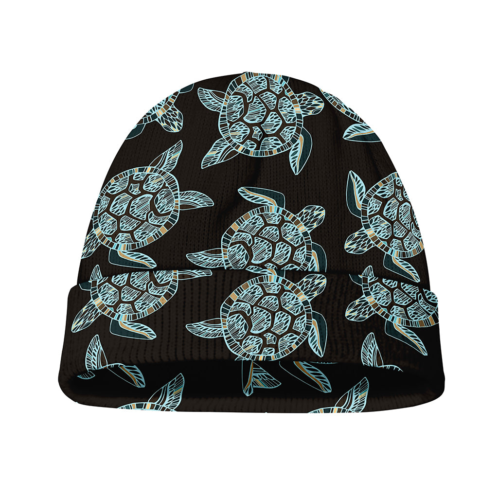 Blue And Black Sea Turtle Pattern Print Beanie