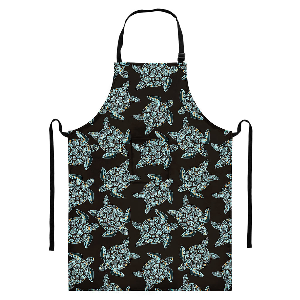 Blue And Black Sea Turtle Pattern Print Bib Apron With Pocket