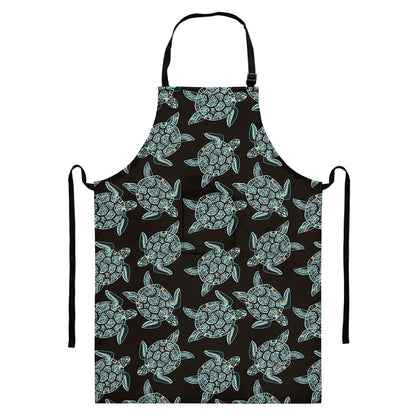 Blue And Black Sea Turtle Pattern Print Bib Apron With Pocket