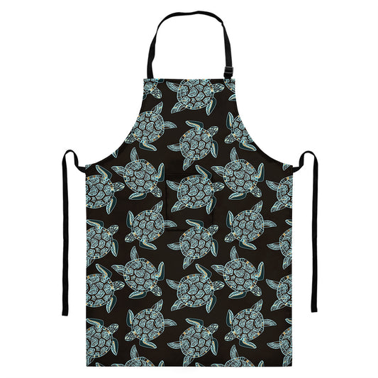 Blue And Black Sea Turtle Pattern Print Bib Apron With Pocket