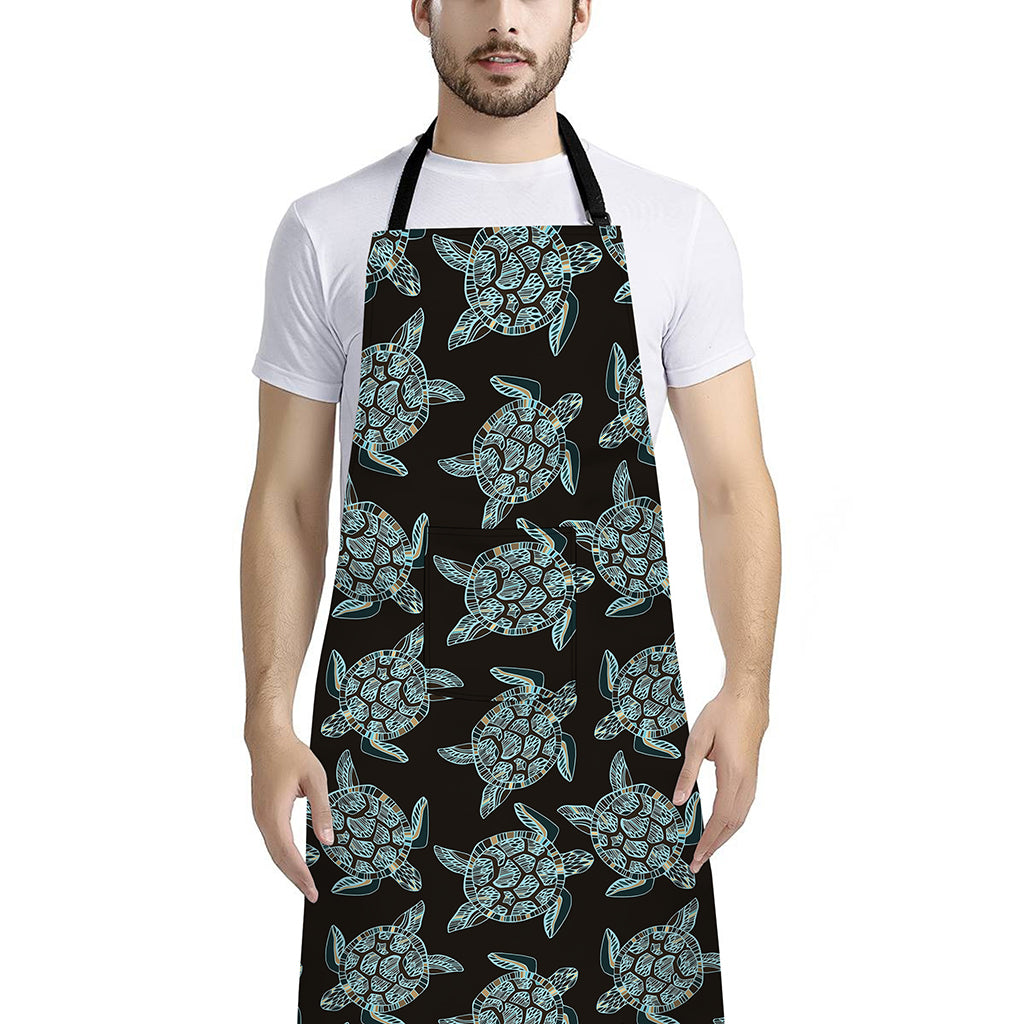 Blue And Black Sea Turtle Pattern Print Bib Apron With Pocket